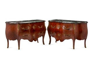 A Pair of Louis XV Style Gilt Bronze Mounted Parquetry Marble-Top Commodes