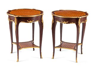 A Pair of Louis XV Style Gilt Bronze Mounted Parquetry Gueridons