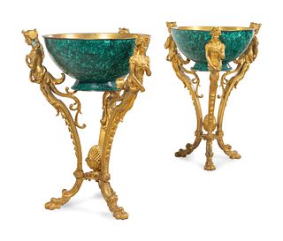 A Pair of Empire Style Gilt Bronze and Malachite Veneered Wine Coolers