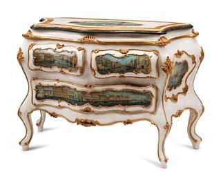 A Venetian Style Marble Veneered, Painted and Parcel Gilt Commode