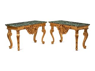 A Pair of George II Style Giltwood Marble-Top Console Tables