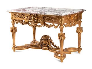 A Louis XVI Style Giltwood Marble-Top Center Table