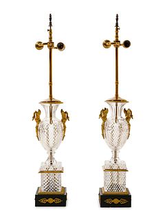 A Pair of Empire Style Gilt Metal and Cut Glass Vases Mounted as Lamps