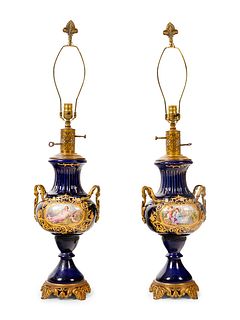 A Pair of Sevres Style Porcelain Vases Mounted as Lamps
