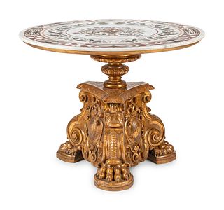 An Italian Baroque Style Giltwood Table Base with an Associated Scagliola Top