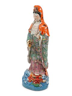 A Chinese Export Enameled Porcelain Figure of Guanyin