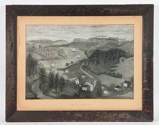 FOLK ART VIEW OF RIVER NEAR NORWICH, CONNECTICUT, CIRCA 1840