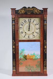 AMERICAN MAHOGANY BRACKET CLOCK WITH OGEE GLASS PAINTINGS