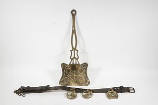 BRASS FIREPLACE SHOVEL & HORSE BRIDLE WITH BRASSES
