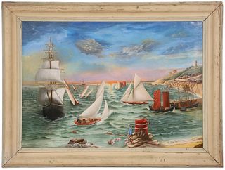 NAIVE PAINTING OF A FRENCH HARBOR SCENE
