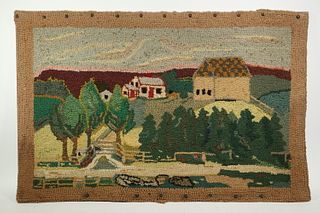 HOOKED RUG WITH FARM SCENE - 23 1/2" x 25 1/4"