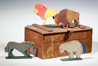 PAINTED FOLK ART TOY BOX WITH WOODEN ANIMALS