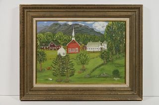 FOLK ART PAINTING OF A NEW ENGLAND VILLAGE SIGNED 'MERCIER', DATED '53