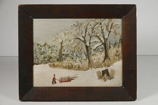 SMALL 19TH C. PAINTING OF A BOY GATHERING FIREWOOD