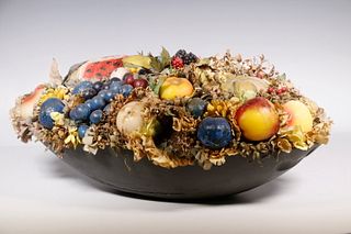 EARLY PAINTED BOWL WITH WAX FRUIT ARRANGEMENT