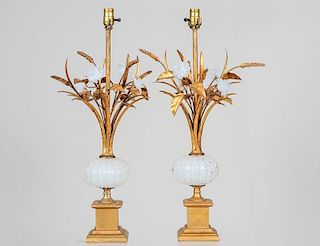 PAIR OF GILT METAL, GILT WOOD AND OPALESCENT GLASS LAMPS