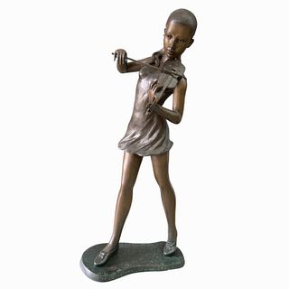 20th Century Bronze Girl Playing Violin Sculpture