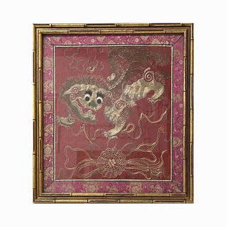 Antique Foo Lion Chinese Textile Wall Art