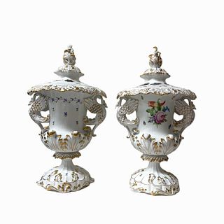 Pair of Herend Hungary Porcelain Twin Handled Urns