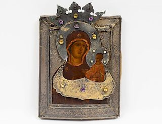 RUSSIAN SILVER GILT, METAL AND WOOD ICON OF "OUR LADY OF IVERSKY"