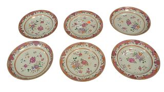 Six Piece Lot Rose Famille to include, two plates and four bowls, three with hairline cracks, two with small edge chips, one bowl perfect, probably 18