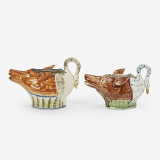 Two English fox and goose pearlware sauce boats Staffordshire, late 18th century