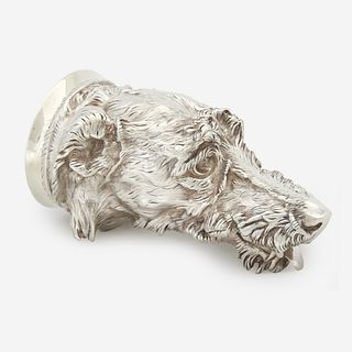 A Victorian sterling silver otter hound-form stirrup cup James Barclay Hennell, London, 1878