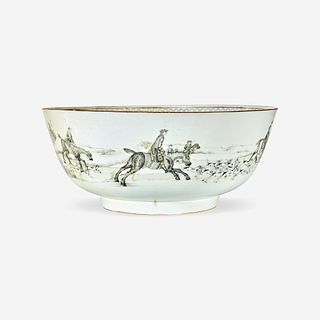 A Chinese Export porcelain grisaille decorated punch bowl with hunt scenes circa 1750