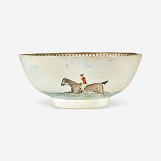 A Chinese Export porcelain gilt and polychrome decorated punch bowl with horses and riders 18th/19th century