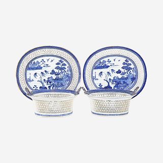 A pair of Chinese Export porcelain gilt-decorated blue and white reticulated baskets and stands circa 1800