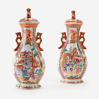 A pair of Chinese Export porcelain Rose Mandarin covered vases circa 1790