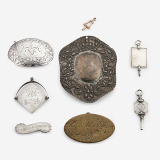 A group of eight silver, gold, and brass fraternal and administrative fob pendants and buckles 18th/19th century