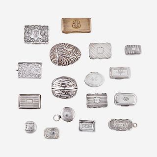 A collection of seventeen George III and Victorian sterling silver vinaigrettes and nutmeg graters Various makers, most English, late 18th and 19th ce
