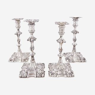 Two pairs of George III sterling silver candlesticks One pair marked Ebenezer Coke, London, 1760, the other pair marked "IW" over "TB," London, 1763