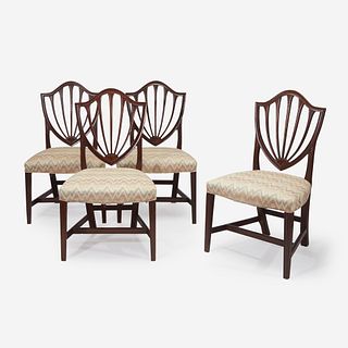 A set of four Federal inlaid mahogany and satinwood shield-back side chairs Philadelphia, PA or Maryland, circa 1800