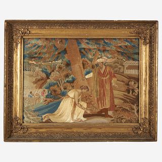 A silk embroidered needlework picture depicting Ruth and Boaz Probably Pennsylvania, circa 1820
