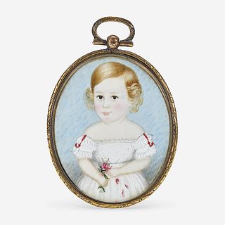 American School 19th century Portrait Miniature of a Young Girl in White Dress Holding a Red Rose