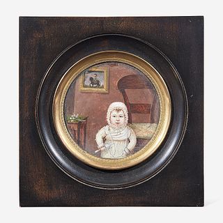 Continental School 19th century Portrait Miniature of an Interior with Small Child Holding Rattle