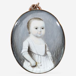 English School 18th century Portrait Miniature of a Young Child in White Dress Holding Flowers