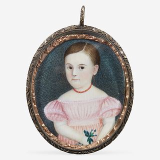 American School 19th century Portrait Miniature  of a Child in a Pink Dress Holding a Floral Sprig