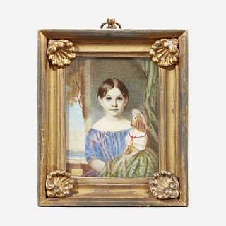 English School 19th century Portrait miniature of Elizabeth Jane Wilkes Sutherland holding a doll
