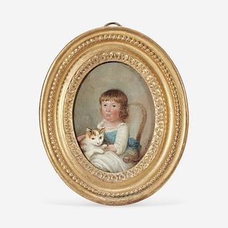 English School 18th century Portrait Miniature of Anne Seppings and Her Cat