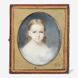 American School 19th century Portrait Miniature of a Blue-Eyed Child with Blond Ringlets