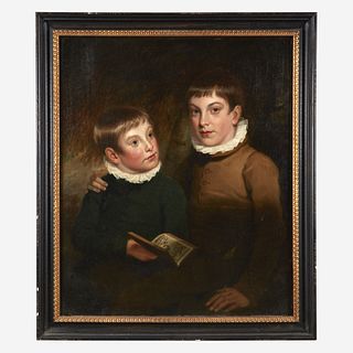 English School 19th century Portrait of Two Boys Reading Robinson Crusoe