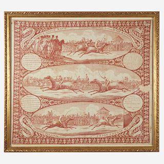 A copperplate-printed handkerchief depicting Famous Match Race, Union Course 1823