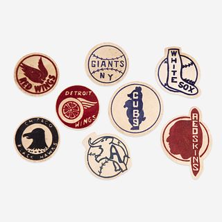 Eight flocked warming jacket patches for baseball, football, and hockey first half 20th century