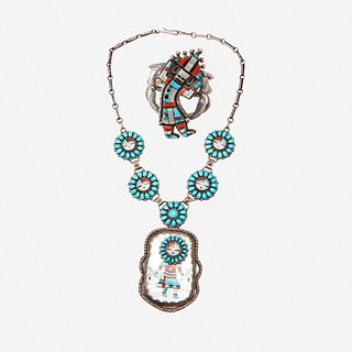 Two Zuni silver and stone inlaid "Kachina" jewelry items 20th century