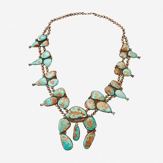 A Navajo silver and Royston turquoise squash blossom necklace 20th century