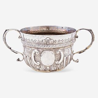 A George II sterling silver twin-handled caudle cup Marked "RB," possibly Richard Beale, London, 1733