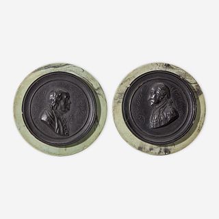 After Jean Martin Renaud (French, 1746-1821) Rare pair of painted plaster portrait medallions: Benjamin Franklin (1706-1790) and George Washington (17
